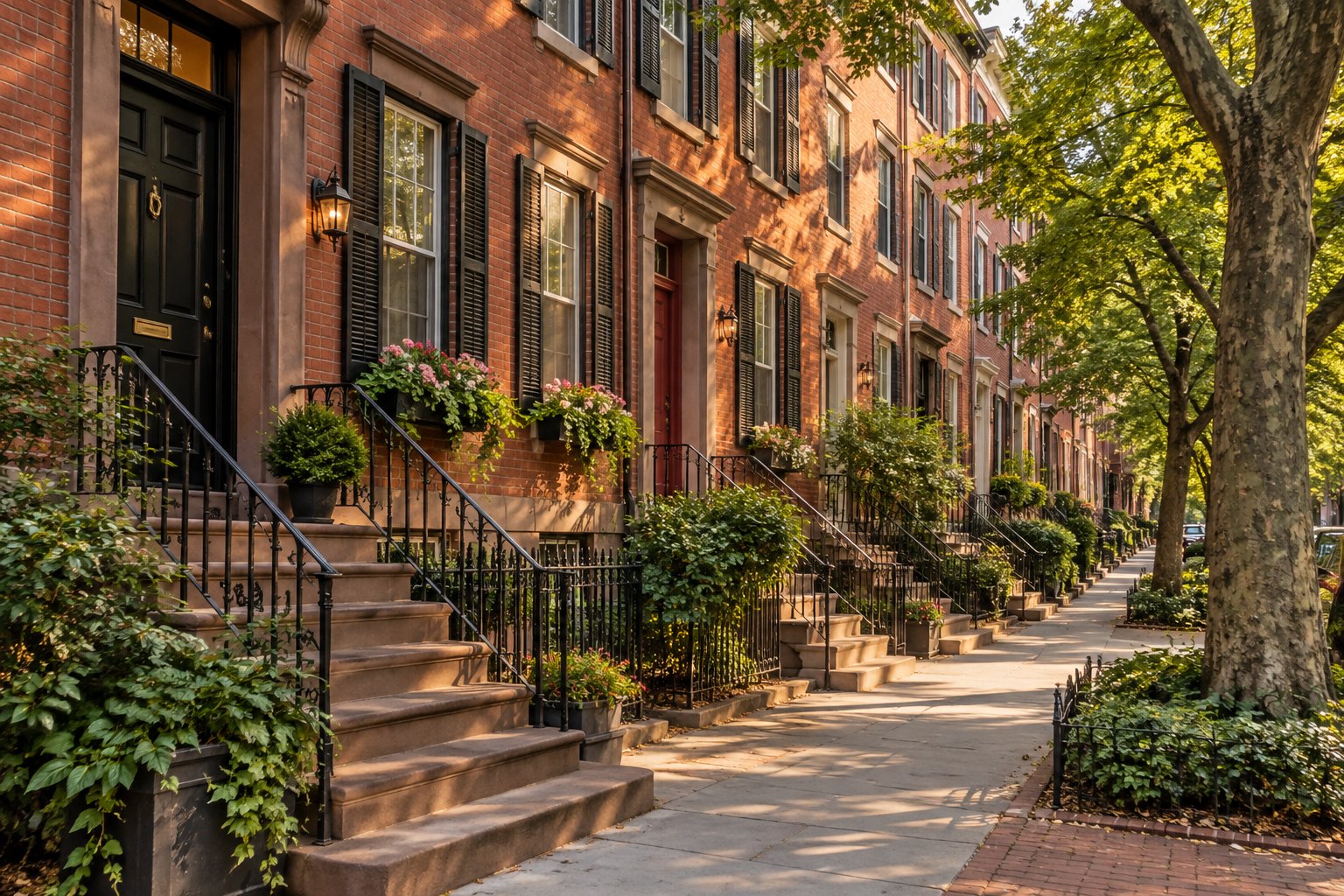 Brick rowhouses with stoops on a Philadelphia street, illustrative