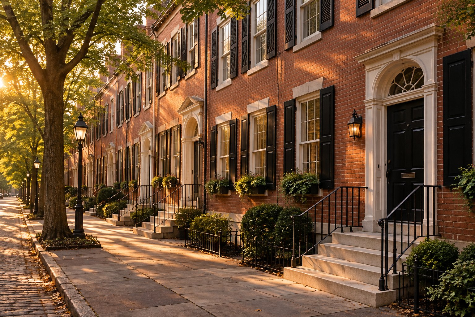 Red brick rowhouses with white stone steps on a quiet Philadelphia street at golden hour