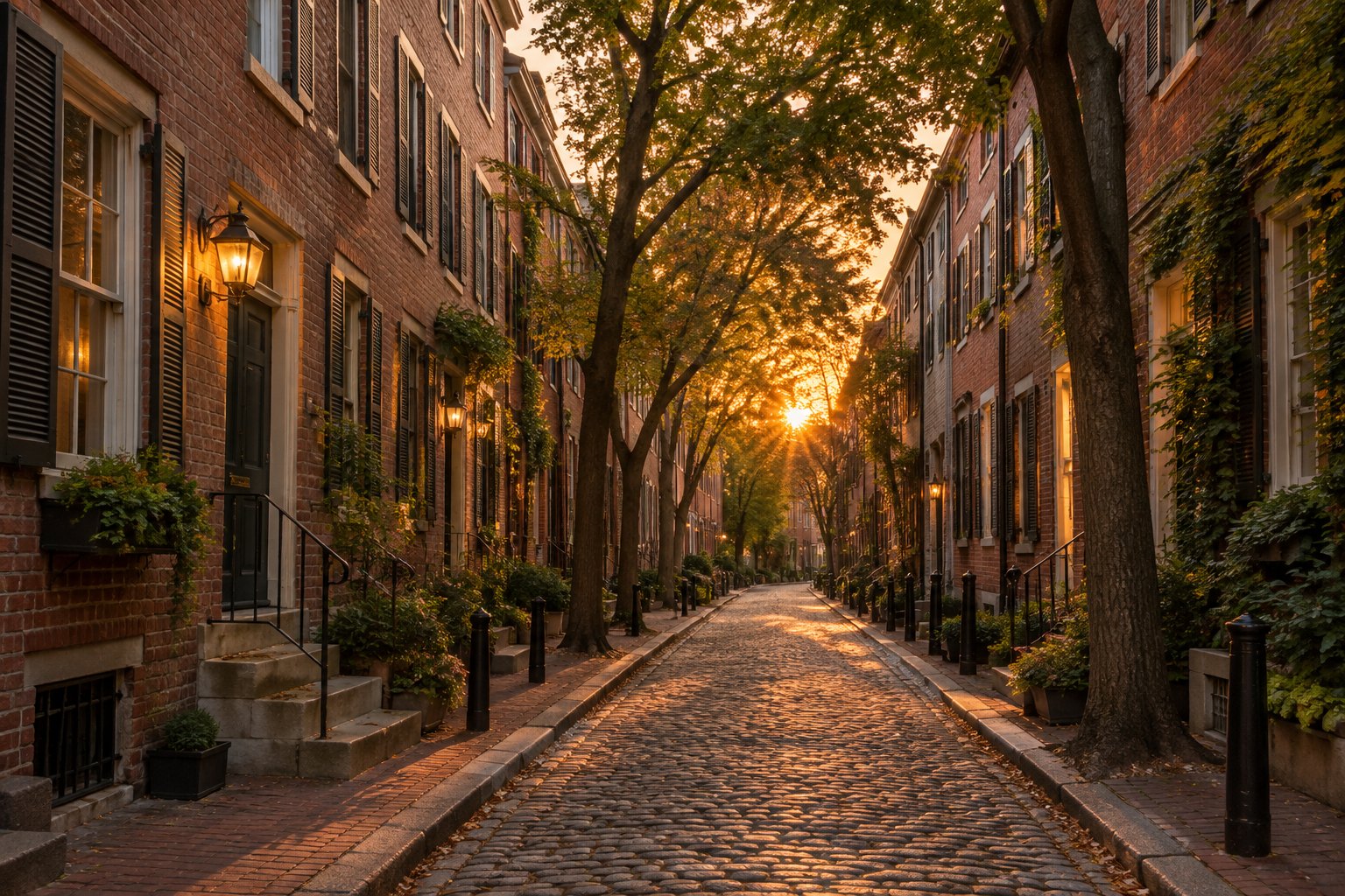A tree lined Philadelphia street at sunset, illustrative